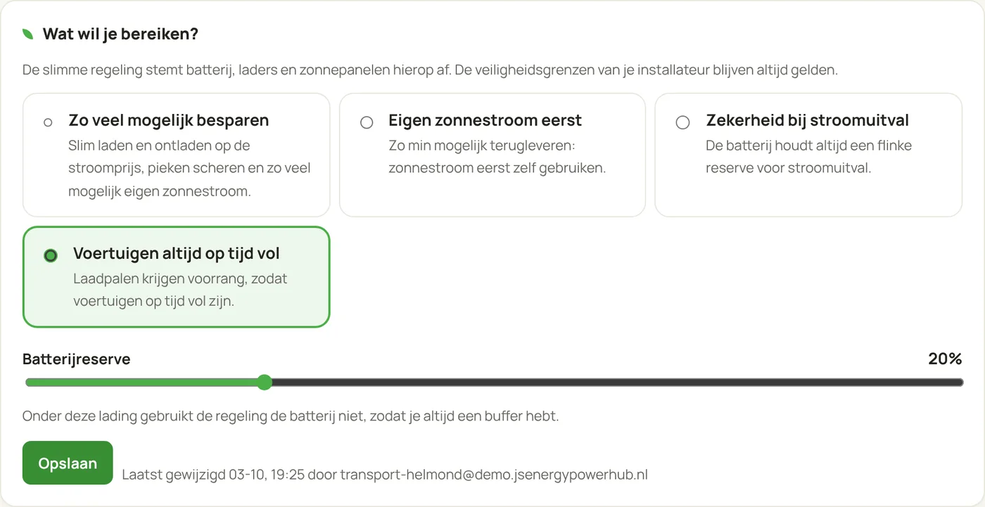 Instellingenscherm van Power Hub met de keuze van het doel en de batterijreserve